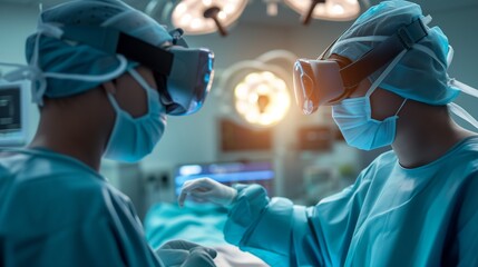 Two surgeons engage in virtual reality training, immersed in a simulated operating room environment for advanced medical education