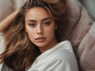 young beautiful woman laying on bed looking at camera portrait sensual