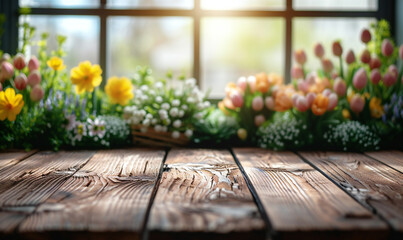 Fototapeta na wymiar empty wooden table with defocused easter spring theme in the background