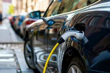 Obraz premium A Line of Parked Cars Along a City Street