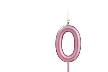 Candle number 0 - Lit birthday candle on white background