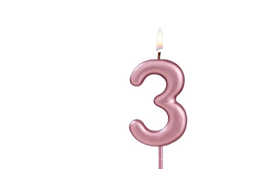 Lit birthday candle - Candle number 3 on white background
