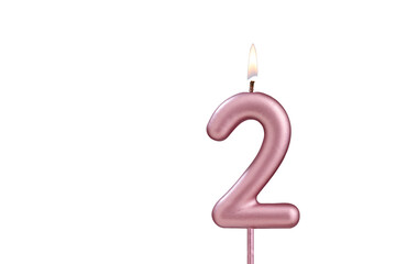 Candle number 2 - Lit birthday candle on white background