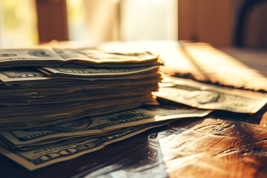 Stack of Money on Wooden Table
