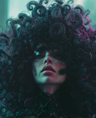 Surreal portrait of a woman with vibrant curly hair, perfect for artistic backgrounds and web design