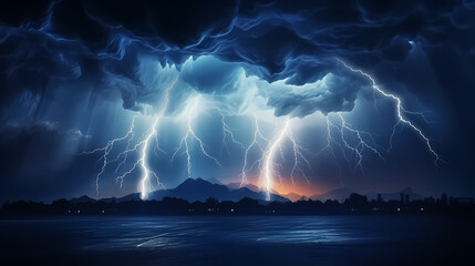 Lightning on the sky, gloomy ominous thunder and lightning background