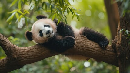 Obraz premium Panda Bear Sleeping on a Tree Branch, China Wildlife. Bifengxia nature reserve, Sichuan Province. Cute Lazy Baby Panda Sleeping in the Forest, Enjoying an afternoon nap