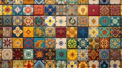  a close up of a wall made up of many different colors and shapes of ceramic tiles with a pattern of different shapes, sizes, colors, shapes, shapes, and sizes.