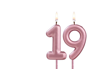 Lit birthday candle - Candle number 19 on white background