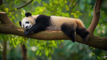 Obraz premium Panda Bear Sleeping on a Tree Branch, China Wildlife. Bifengxia nature reserve, Sichuan Province. Cute Lazy Baby Panda Sleeping in the Forest, Enjoying an afternoon nap