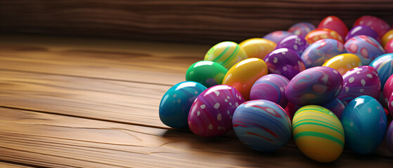 Fototapeta na wymiar Beautiful and colorful Easter eggs on a wooden table