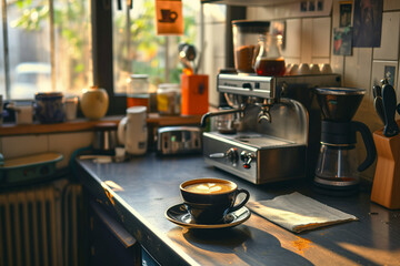 Fototapeta na wymiar Espresso coffee machine maker on a home kitchen with coffee mug