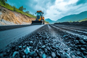 A Large Truck Driving Down a Road Next to a Mountain, laying new asphalt pavement