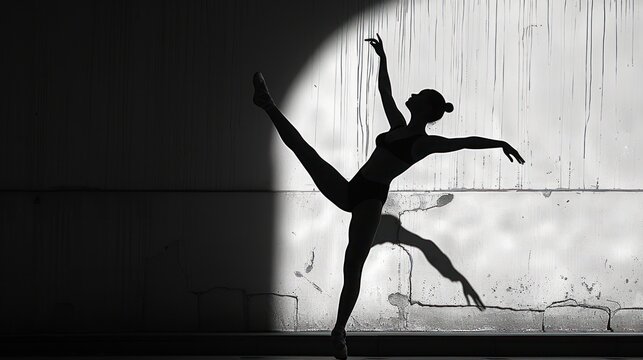  a black and white photo of a ballerina in the shadow of a wall with the shadow of the ballerina on the wall behind her is a ballerina.