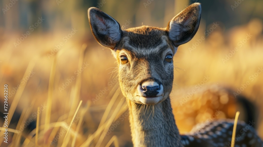 Wall mural a close up of a deer's face in a field of tall grass with another deer in the background looking at 