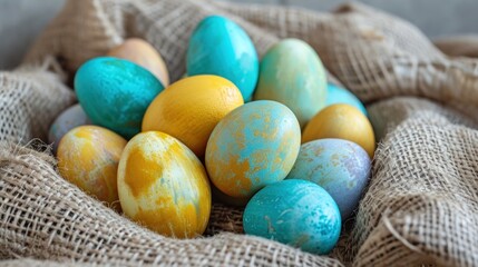  a close up of a bunch of eggs in a burlap bag with oranges and blue speckled eggs in the middle of the eggs, on a burlap sack.