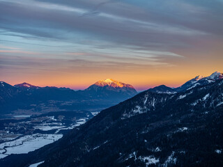 Snowy Dobratsch, in Villach, Austria in Winter Sunset Lights