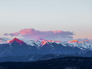 Sunset in the Austrian Alps, in stunning orange purple lights - obrazy, fototapety, plakaty