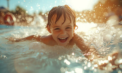 Fototapeta na wymiar Happy young boy kid sliding down a water slide during summer holidays having fun against sun light