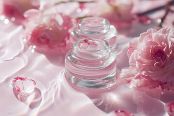 Transparent glass bottle with natural cosmetic products on a floral background. Fermented Skin Care