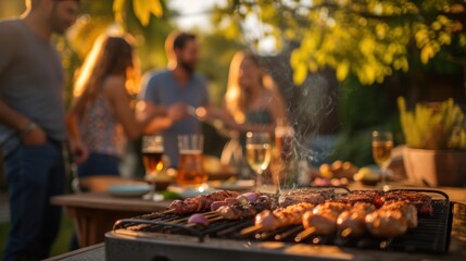Friends gather around, as a backyard barbecue sizzles with deliciousness--grilled perfection, good times.