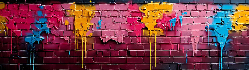 The ultra-wide canvas of the graffiti brick wall showcases a striking display of bold, thick paint...