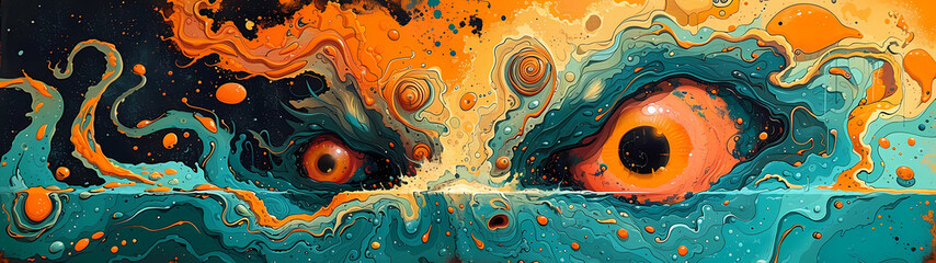 Ultra-wide backdrop where offbeat doodles of chaotic imagination are unleashed, spreading across surrealistic canvases in a vibrant blend of turquoise and fiery orange, a mesmerizing abstraction