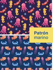 Patrón de tiernos animales marinos, morado y azul. Vector pulpo, caballito de mar, cangrejo, estrella de mar, mantarraya, medusa y pez
