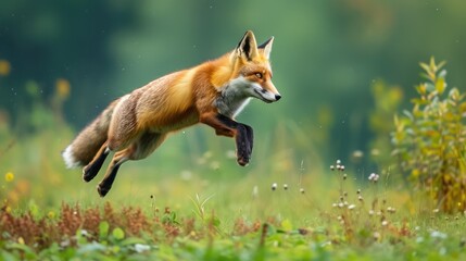Red Fox jump hunting, Vulpes vulpes, wildlife scene from Europe. Orange fur coat animal in the nature habitat. - obrazy, fototapety, plakaty
