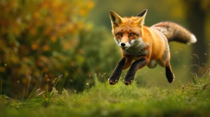 Naklejka na ściany i meble Red Fox jump hunting, Vulpes vulpes, wildlife scene from Europe. Orange fur coat animal in the nature habitat.