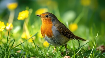Fototapeta premium Red Robin bird close up in the spring garden