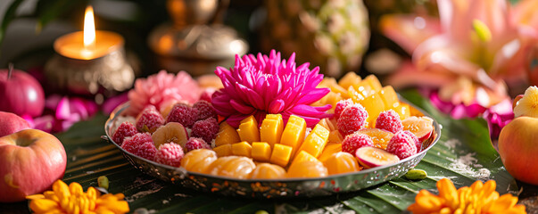 Fresh tropical fruits. Assorted exotic fruits and flowers for traditional puja ceremony to worship. Hindu festival Chhath Puja. Travel and holiday. Healthy food, diet, vegan, vegetarian concept - obrazy, fototapety, plakaty