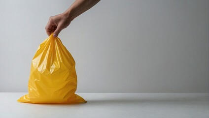 Plastic bag on neutral background. Minimal pollution and environmental protection concept. Recycling idea. Copy space.