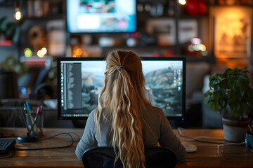  a young girl works on his computer in a modern office - obrazy, fototapety, plakaty