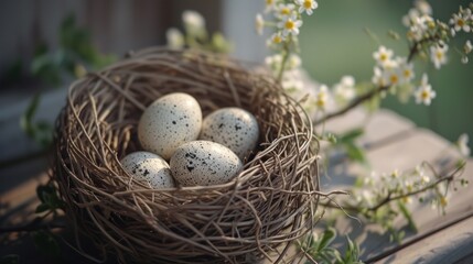 Fototapeta premium a bird's nest filled with eggs sitting on top of a wooden table next to a branch of a blossoming tree with white flowers in front of a blurry background.