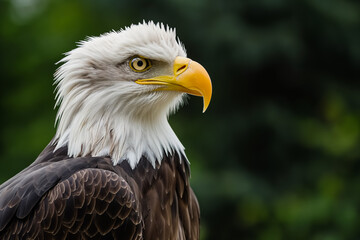 Obraz premium Close-up of a majestic bald eagle's head, showcasing its sharp yellow beak and intense gaze against a green background.