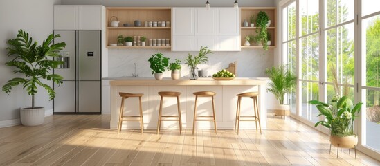 Luxury modern minimalist Kitchen wit wooden furniture. AI generated image - obrazy, fototapety, plakaty