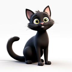 Beautiful black kitten, sitting, looking straight ahead, kittenish, with vibrant eyes. 3D rendering concept design illustration.