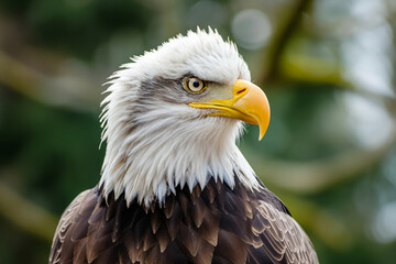 Profile of an American bald eagle with a focused expression, detailed feathers, and a sharp yellow beak, against a bokeh background.
