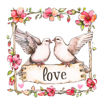 Painting of two doves holding a banner that says writes love