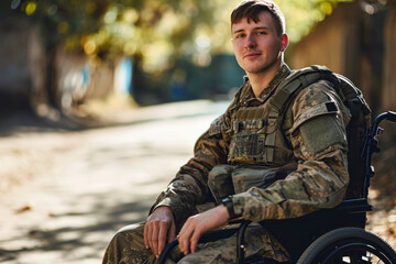 Man soldier in Wheelchair Sitting on Side of Road