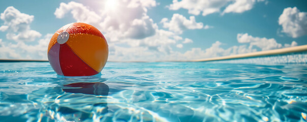 Summer holidays background with colorful beach ball floating on swimming pool and copy space