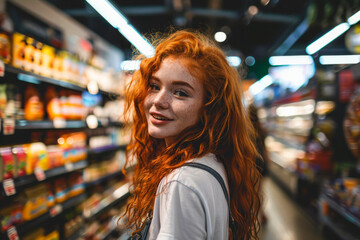 A woman with vibrant red hair is standing between the shelves in a busy grocery store.