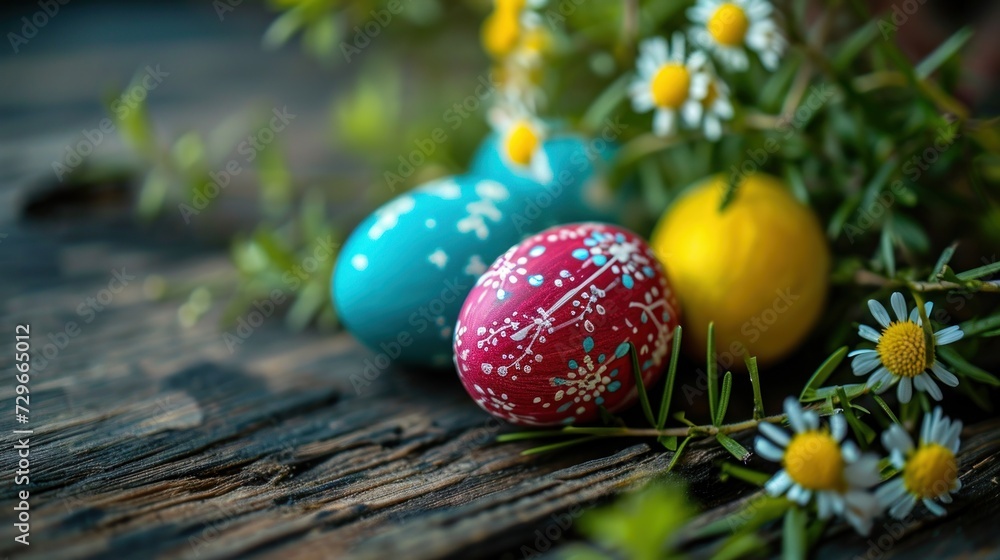 Poster  three painted eggs sitting on top of a wooden table next to a bouquet of daisies and daisies with daisies in the foreground and daisies in the foreground.