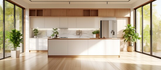 Luxury modern minimalist Kitchen wit wooden furniture. AI generated image - obrazy, fototapety, plakaty