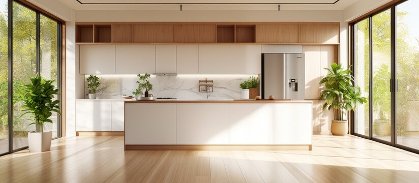 Luxury modern minimalist Kitchen wit wooden furniture. AI generated image