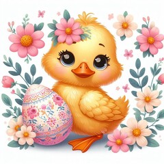 A cute illustration of a cute Easter duckling surrounded by colorful Easter eggs, conveying the joyful spirit and festive charm of the Easter celebration.