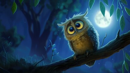 Inquisitive Cartoon Baby Owl Perched on a Branch in the Moonlight
