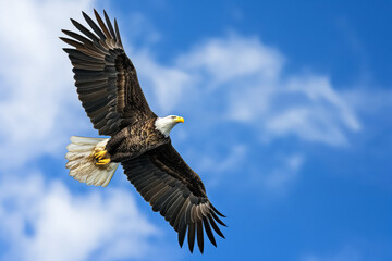 An impressive bald eagle soaring high with a blue sky backdrop, its wings spread wide and talons ready.