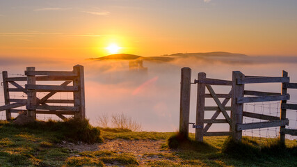 Misty spring sunrise on Corfe Castle, Isle of Purbeck in Dorset, UK